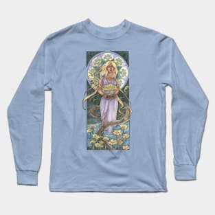 Lady of April with Bonsai and Daisies Mucha Inspired Birthstone Series Long Sleeve T-Shirt